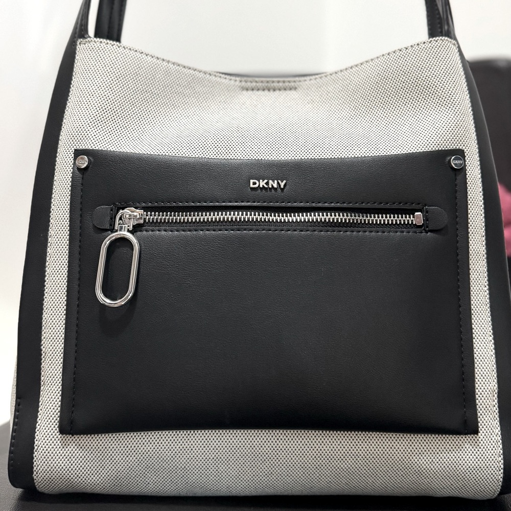 DKNY Gray Canvas with Black Leather Pocket and straps Shoulder Bag NWT